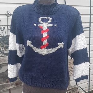 80'sVINTAGE⚓Hand Loomed⚓lauren hansen Nautical Navy Anchor Turtleneck Sweater